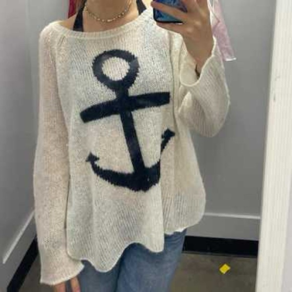Wooden Ships Cream & Navy Anchor Crochet Oversized Sweater Size M/L Cotton Blend